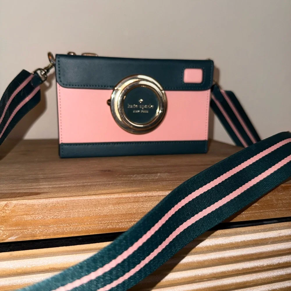 kate spade Pink and Black Camera-Style Crossbody with Gold Accent